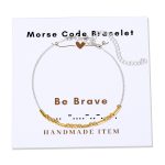 Be Brave Morse Code Bracelet made with gold beads, spelling the message “Be Brave” in dots and dashes.