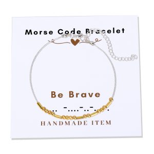 Be Brave Morse Code Bracelet made with gold beads, spelling the message “Be Brave” in dots and dashes.
