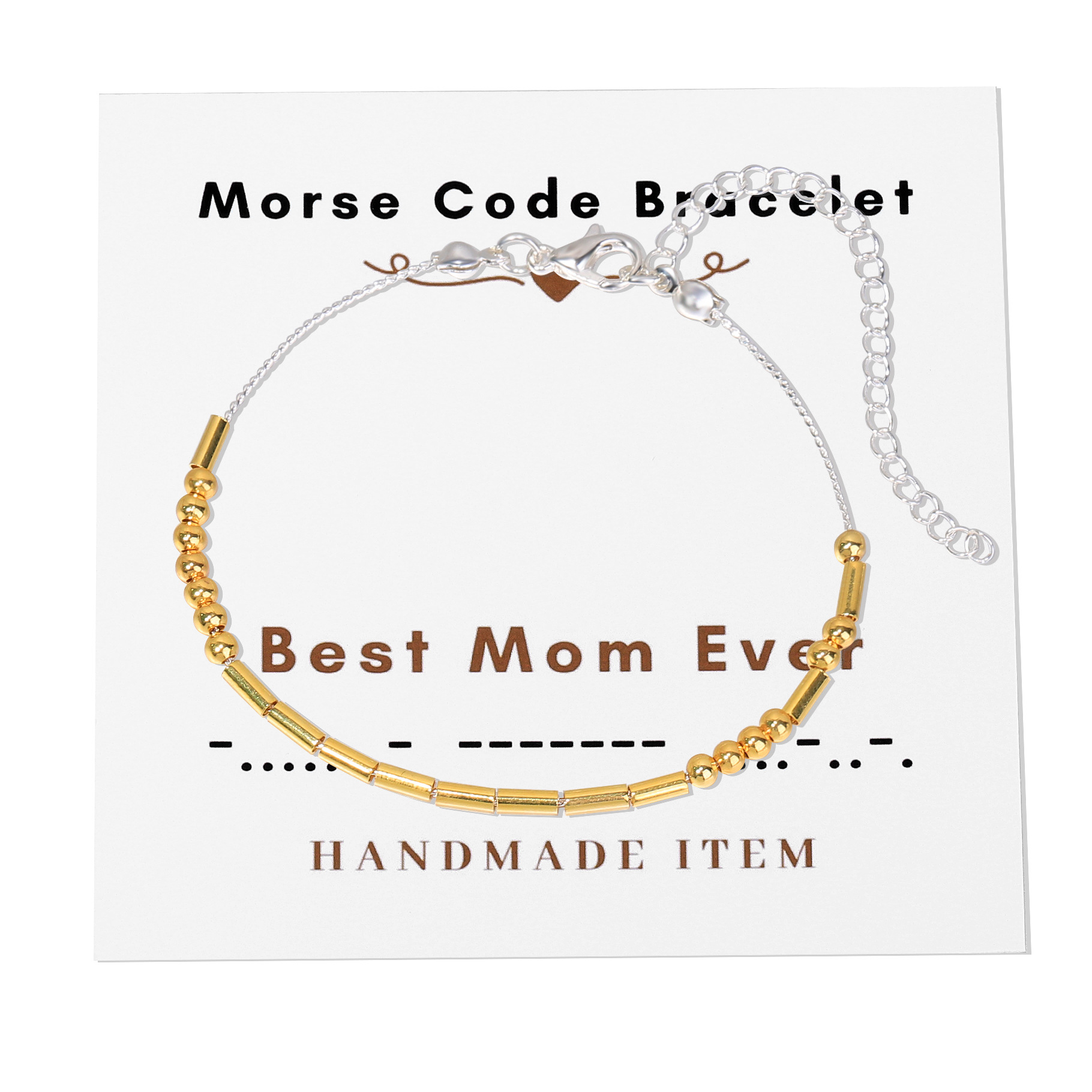 Best Mom Ever Morse code bracelet on gift card, gold and silver handmade beaded bracelet for moms