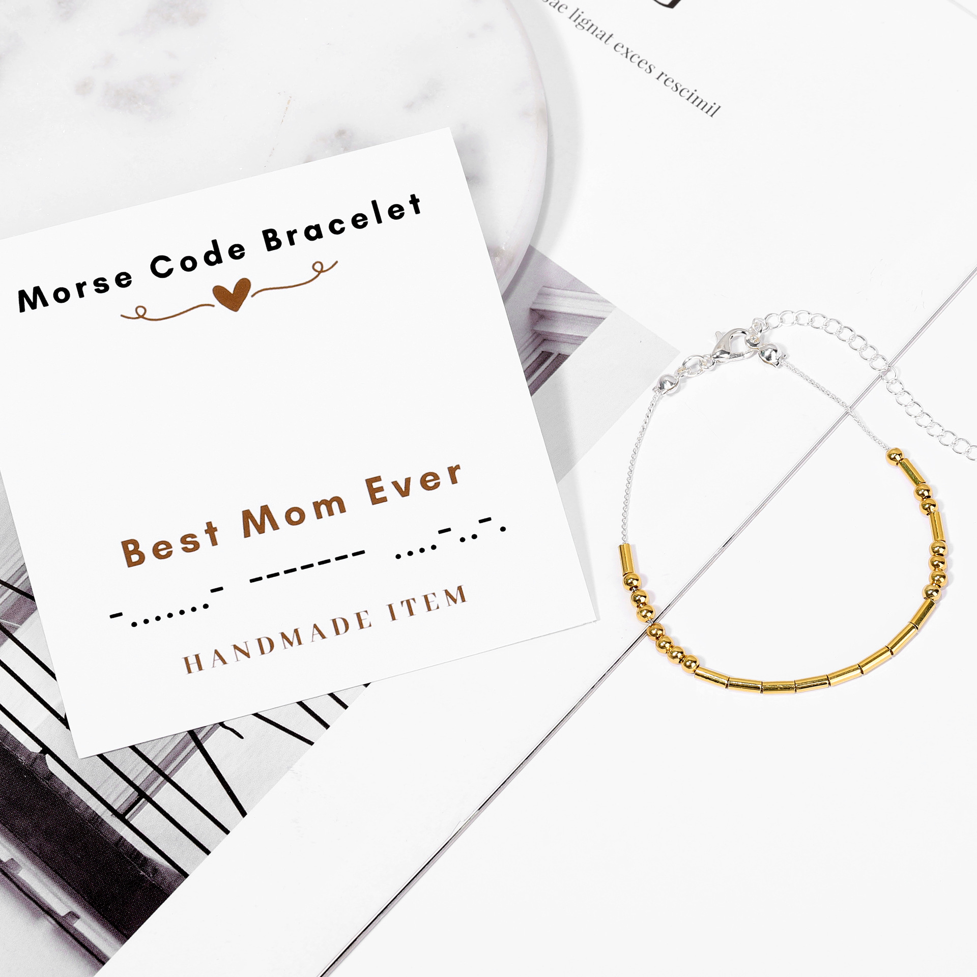 Best Mom Ever Morse code bracelet with gift card, gold and silver handmade beaded bracelet for moms